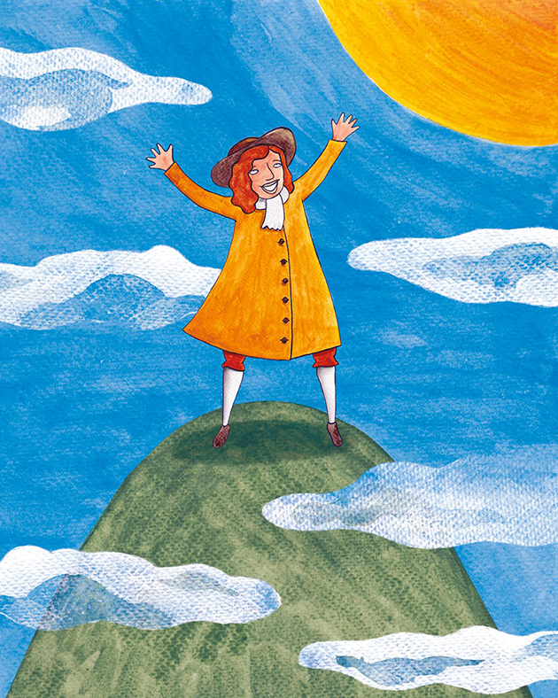 An illustration of George Fox standing on the top of Pendle Hill, smiling and with arms out-stretched.