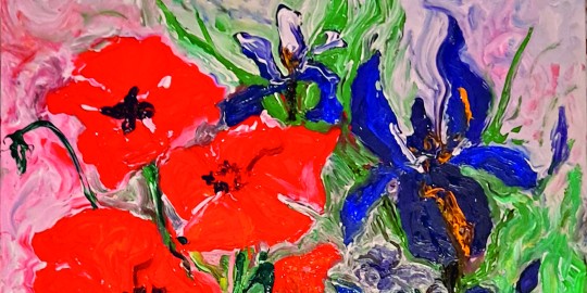 A close-up of 'Reconciliation', by Sue Wilde, showing the national flowers of Israel and Palestine.