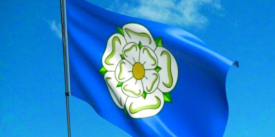 The Yorkshire flag against a blue sky.